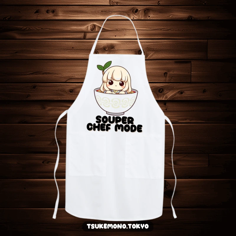 Funny apron featuring a playful udon noodle character in a kimono, peeking from a bowl, ready for kitchen fun.