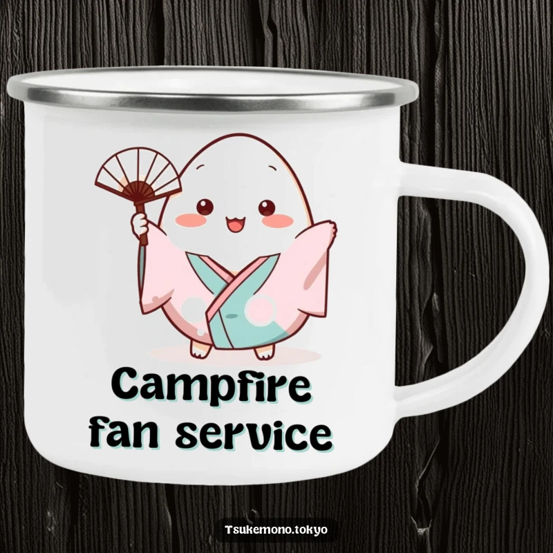 Funny camping mug with a plump onigiri character in a small kimono cheerfully waving a tiny fan.