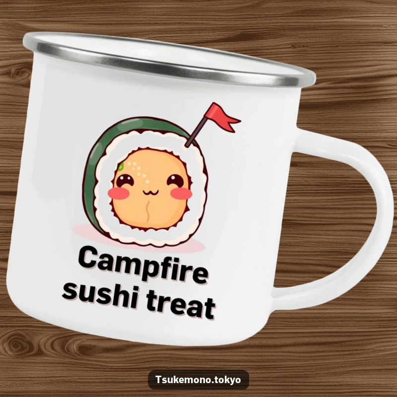 Funny camping mug featuring a cheerful sushi roll character happily waving a small flag, designed for outdoor enjoyment and festive moments.