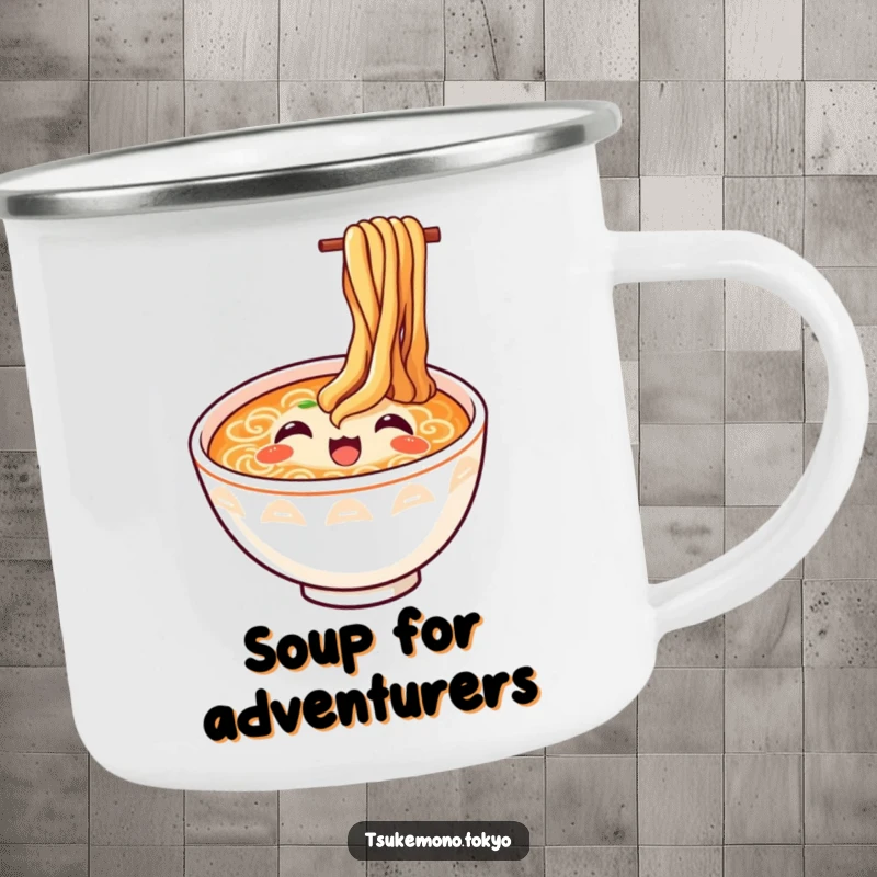 Funny ramen camping mug with a happy bowl and noodles looking up in delight, durable drinkware for outdoor enthusiasts.