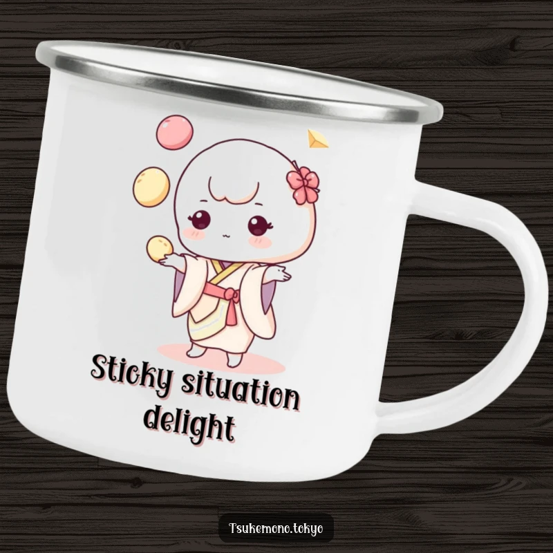 Funny camping mug featuring a cute mochi character in a pastel kimono, juggling colorful dumplings, ready for outdoor fun.