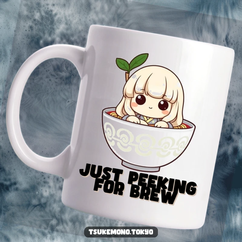 Funny mug featuring a cute udon noodle character in a simple kimono, playfully peeking out from a steaming bowl with a mischievous grin.