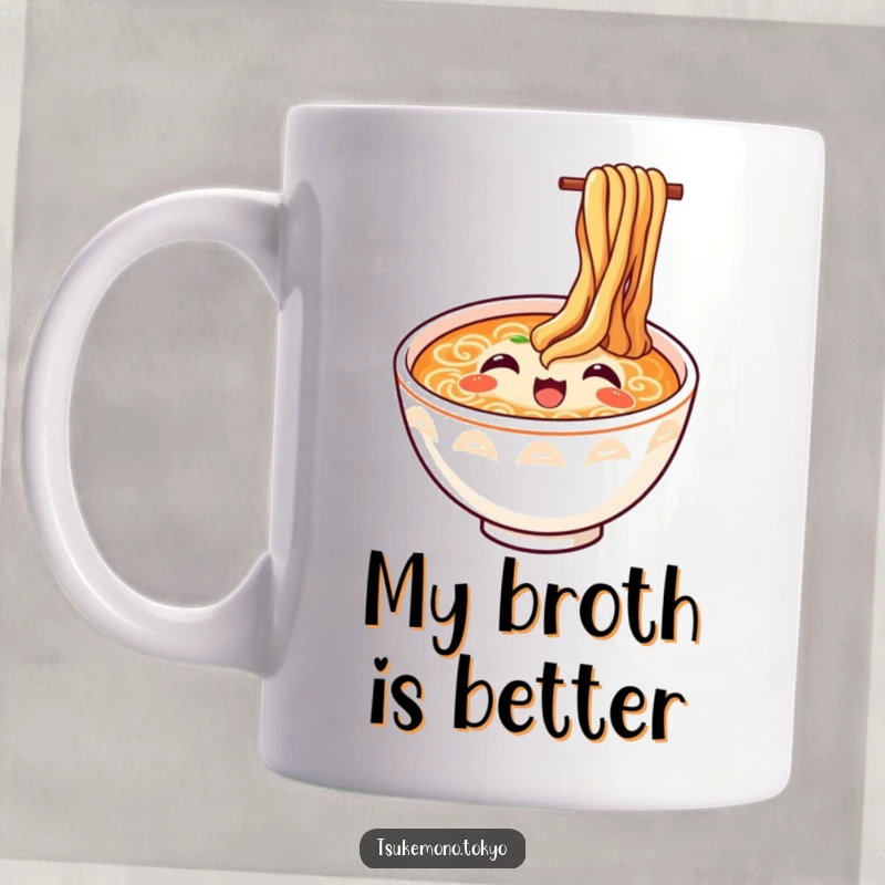 Funny ramen bowl mug with happy noodles looking up in delight, perfect for food lovers and a unique funny gift.
