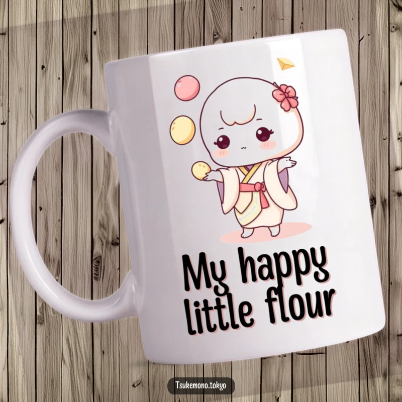 Funny mug featuring a cute mochi character in a pastel kimono, playfully juggling colorful dumplings with a joyful expression.