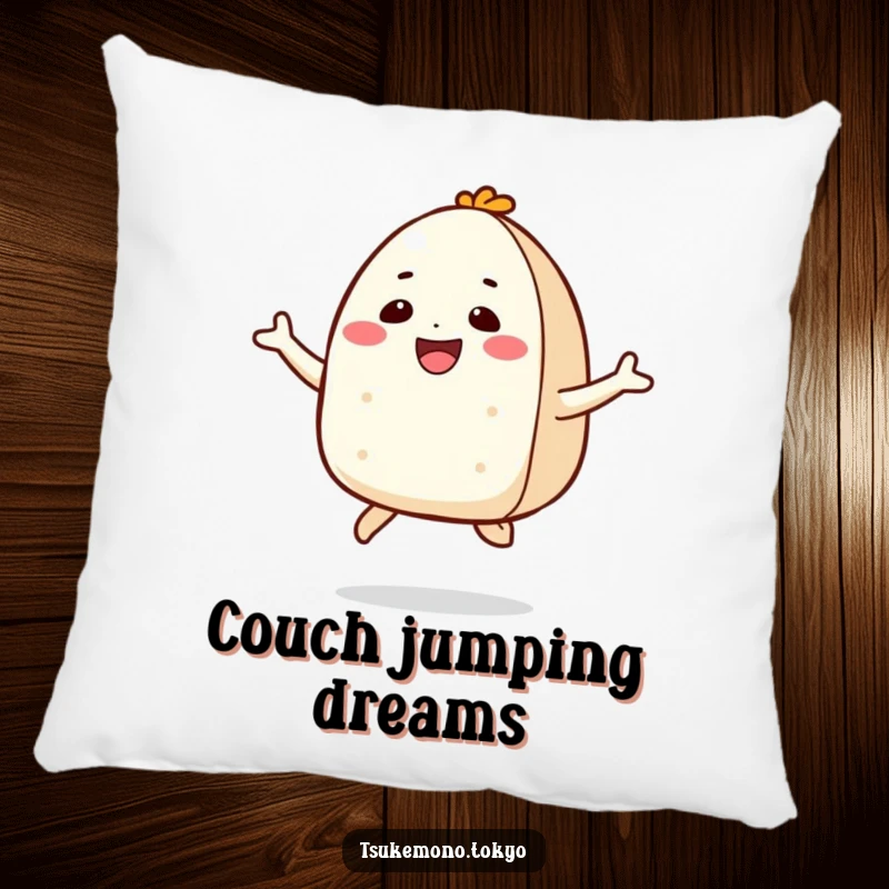 Funny pillow showcasing a smiling onigiri character in a joyful jump, offering soft comfort and a happy, energetic charm.