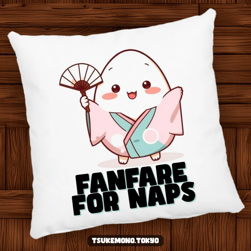 Funny pillow featuring a plump onigiri character in a small kimono cheerfully waving a tiny fan.