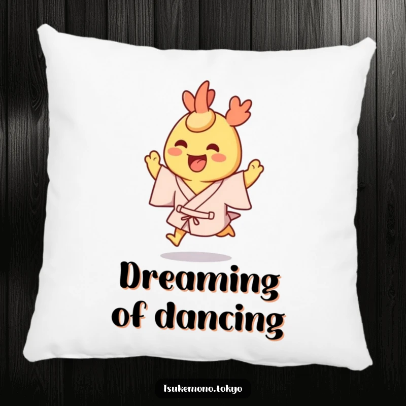 Funny pillow featuring a grinning tempura shrimp character in a yukata, hopping excitedly.