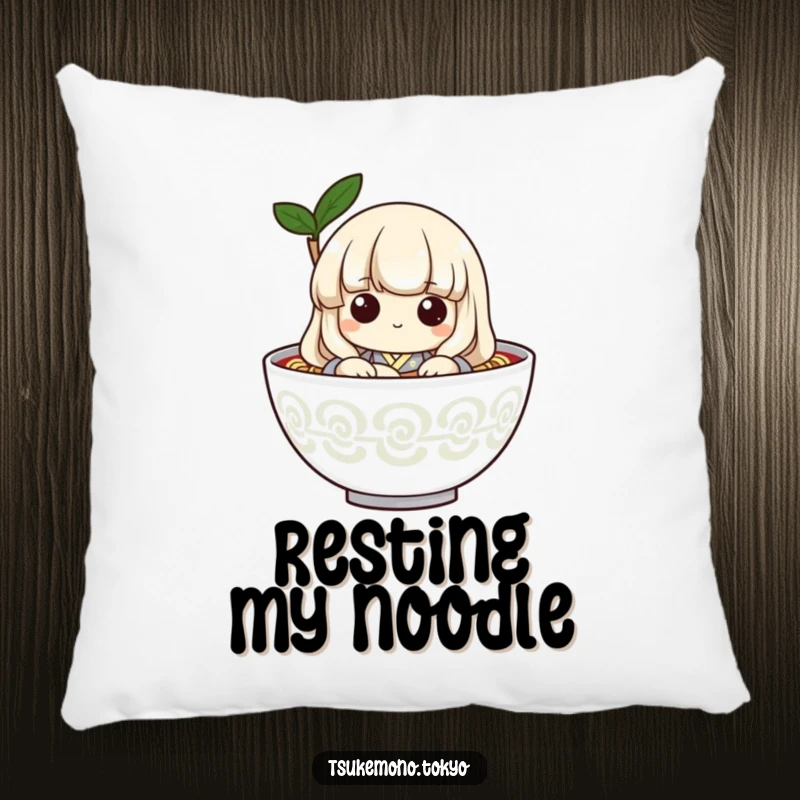 Funny pillow with a playful udon noodle character in a kimono, peeking from a bowl, offering comfort and a smile.