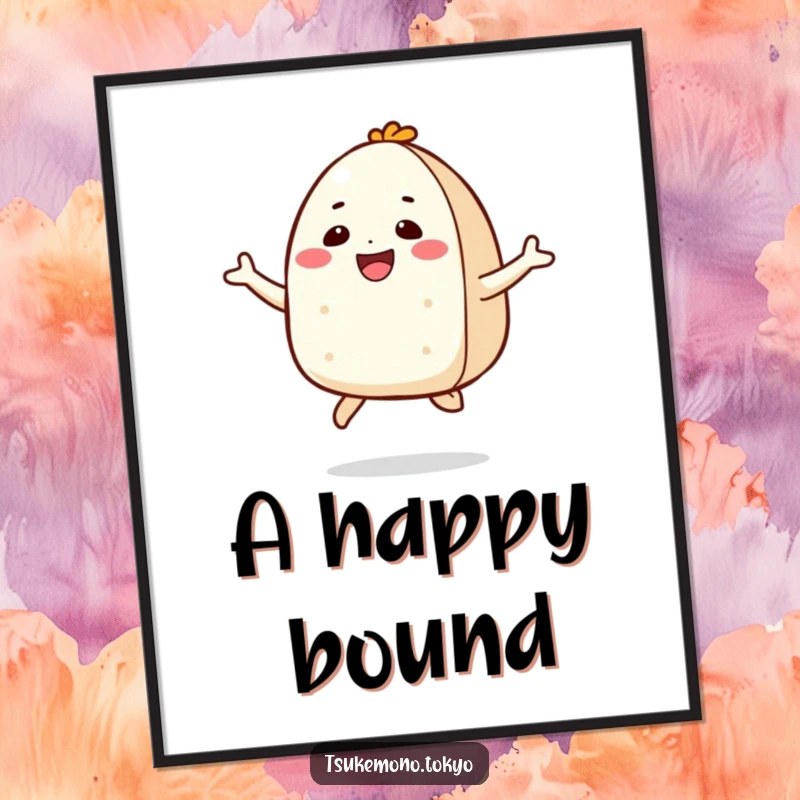 Funny digital art print of a smiling onigiri character in a joyful jump, capturing a moment of pure happiness and energy.