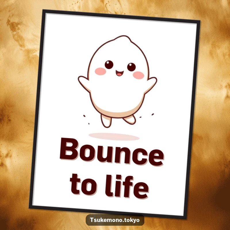 Funny mochi digital art print of a smiling character doing a playful bounce, instant adorable humorous decor, funny gift.