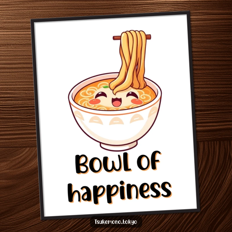 Funny ramen digital art print of a happy bowl with noodles looking up in delight, instant downloadable humorous decor.