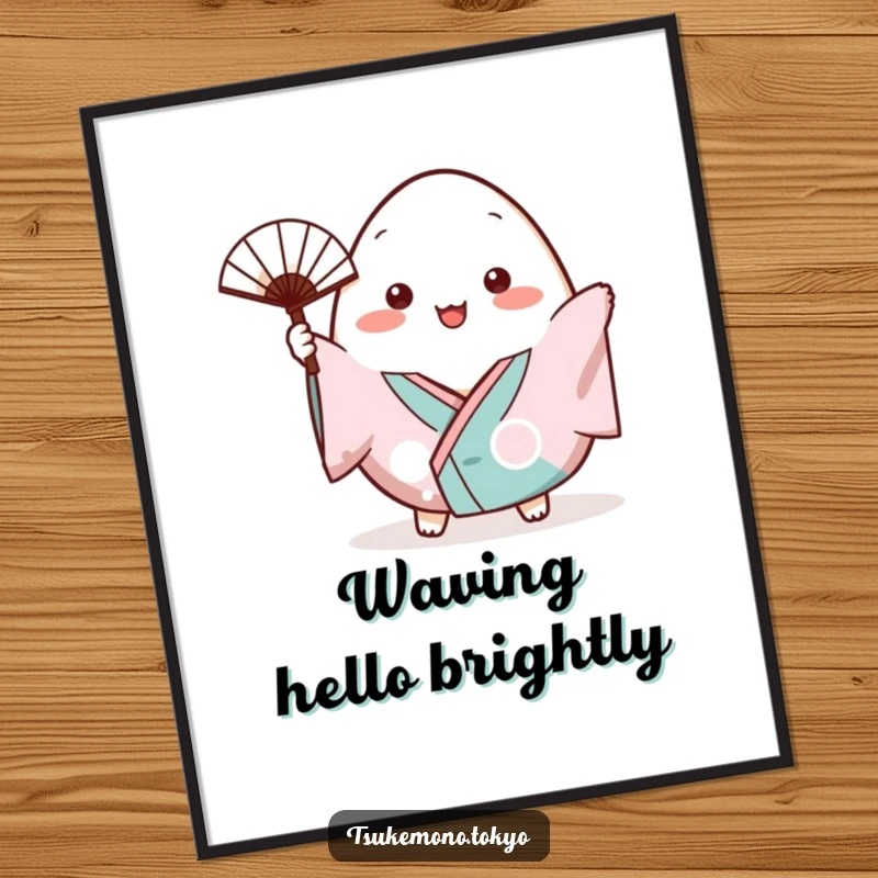 Funny digital art print of a plump onigiri character in a small kimono cheerfully waving a tiny fan.