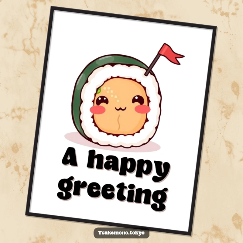 Funny digital art print of a cheerful sushi roll character happily waving a small flag, capturing a moment of pure joy and celebration.