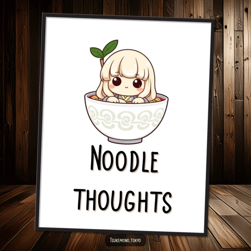 Funny digital art print of a playful udon noodle character in a kimono, peeking from a bowl, designed to bring humor and charm.