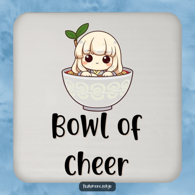 Funny coaster featuring a playful udon noodle character in a kimono, peeking from a bowl, adding a humorous touch to drinks.