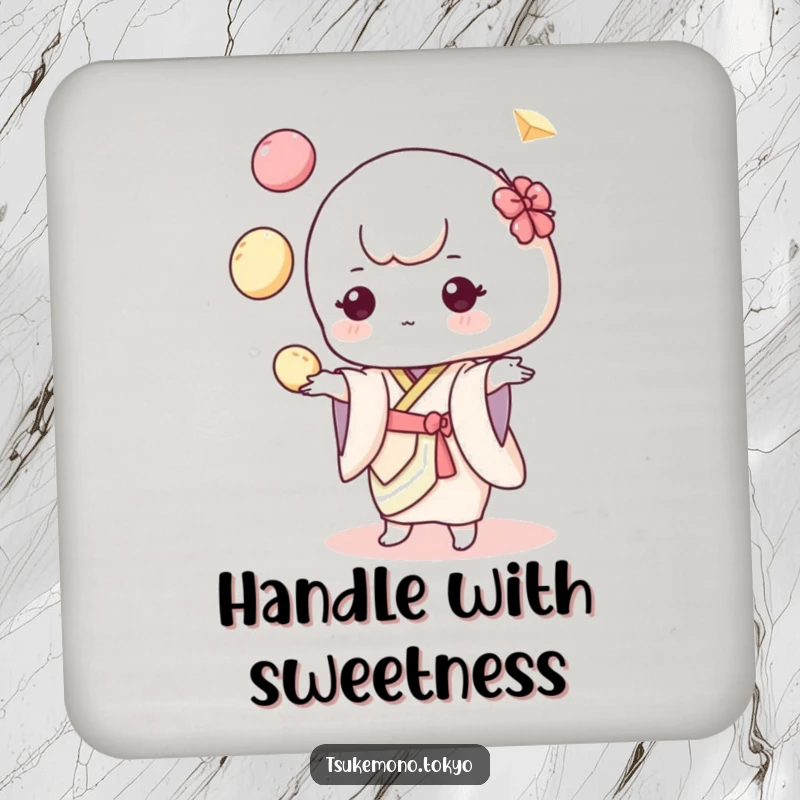 Funny coaster showing a pastel kimono mochi character, juggling colorful dumplings, adding a playful touch to drink service.