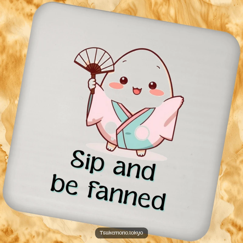 Funny drink coaster featuring a plump onigiri character in a small kimono cheerfully waving a tiny fan.