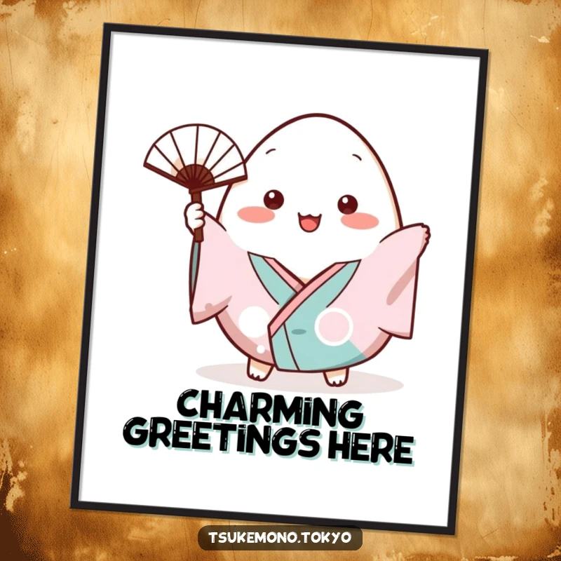 Funny poster print of a plump onigiri character in a small kimono cheerfully waving a tiny fan.