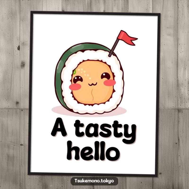 Funny poster of a cheerful sushi roll character with a happy face waving a small flag, creating a vibrant and celebratory visual.