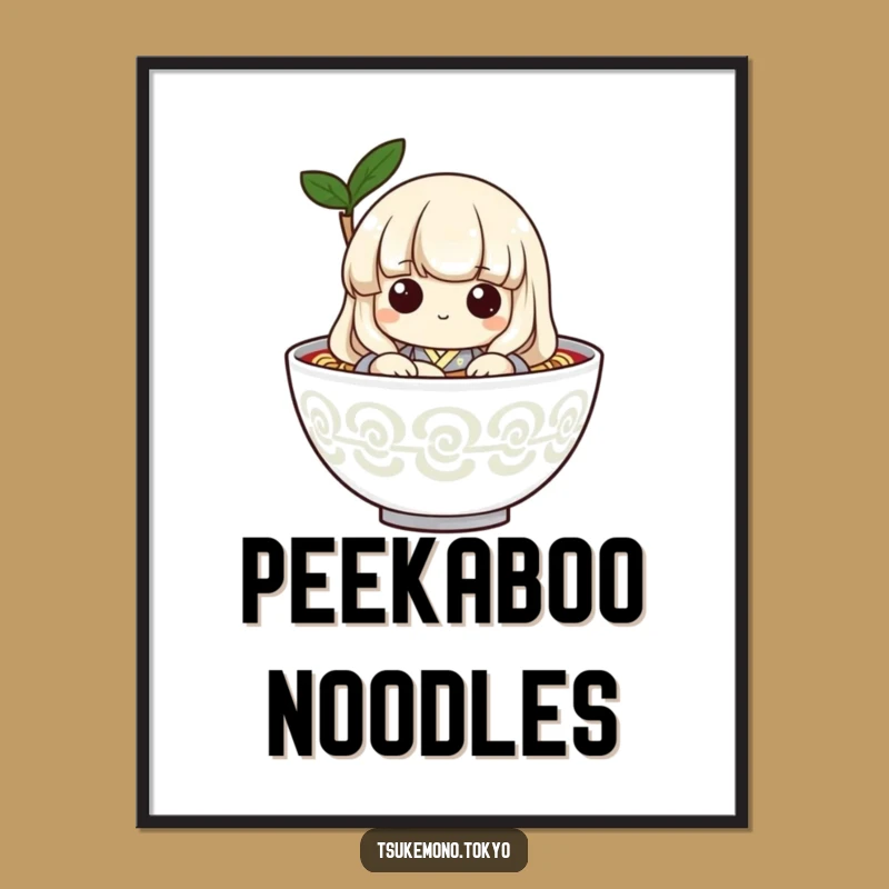 Funny Udon Noodle Peek Poster: Playful Kimono Art for a Hilarious Kitchen Decor