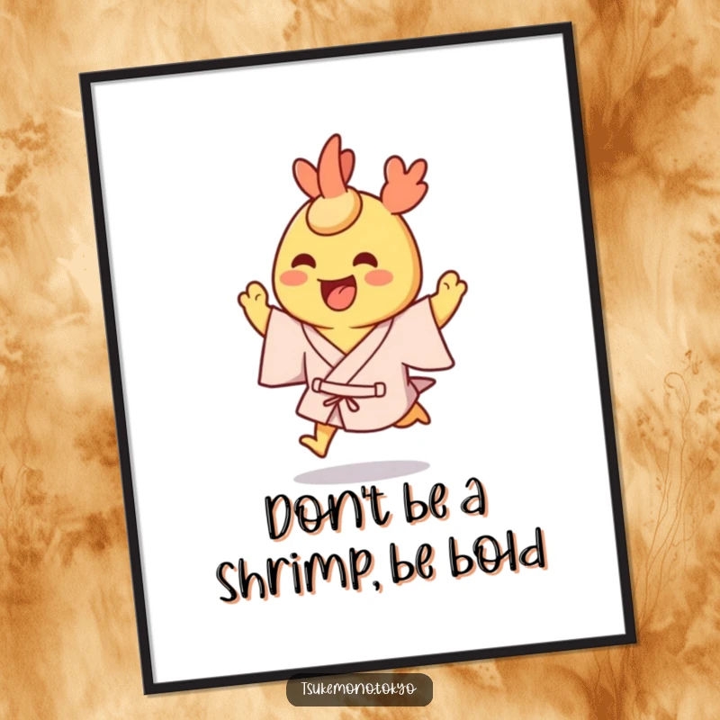 Funny Free Printable Wall Art: A grinning tempura shrimp in a yukata hops excitedly, full of energy.