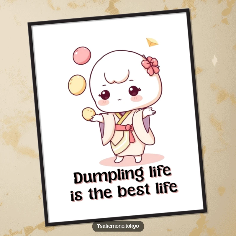 Funny Free Printable Wall Art: Pastel mochi character joyfully juggling colorful dumplings, adding a playful touch to any room.