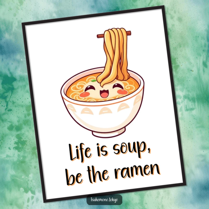 Funny Free Printable Ramen Wall Art, depicting a happy ramen bowl with noodles looking up in pure delight.