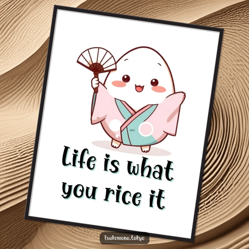 Funny Free Printable Wall Art: A plump onigiri in a small kimono cheerfully waves a tiny fan, bringing smiles.