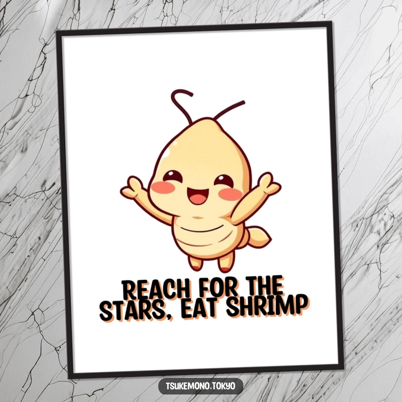 Funny Free Printable Wall Art: A cute tempura shrimp character with a happy grin is reaching.