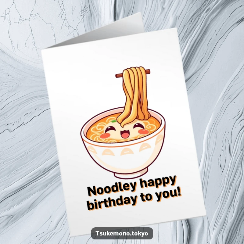 Funny Free Printable Ramen Birthday Card featuring a delighted ramen bowl with happy noodles, perfect for festive occasions.