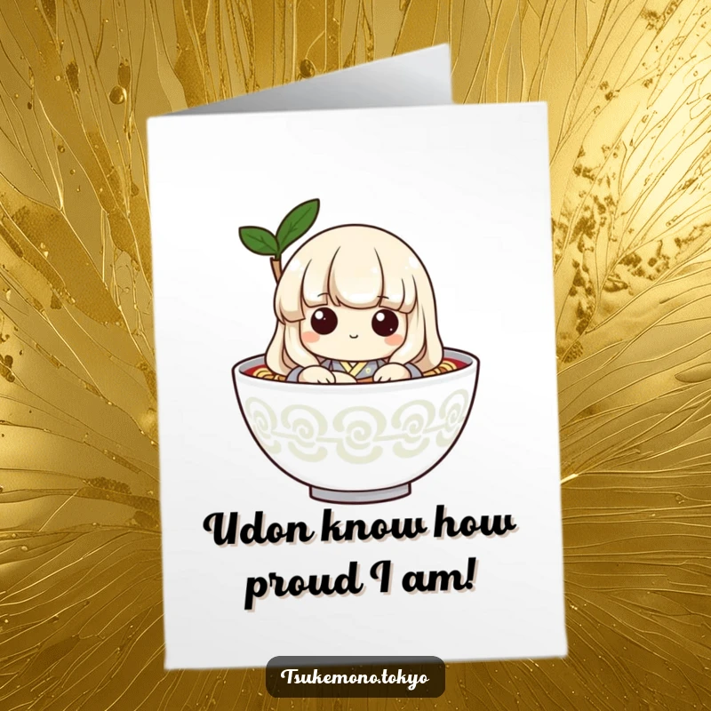 Funny Free Printable Congratulations Card: Playful udon noodle character in a simple kimono peeking from a bowl, celebrating success with humor.