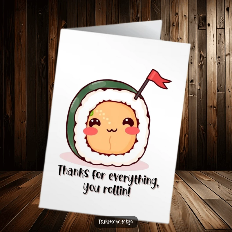 Funny Free Printable Thank You Card: A happy sushi roll waves a small flag, sending thanks.