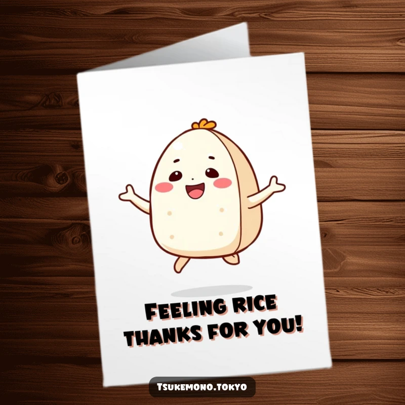 Funny Free Printable Thank You Card: A smiling onigiri character leaps joyfully, sending thanks.