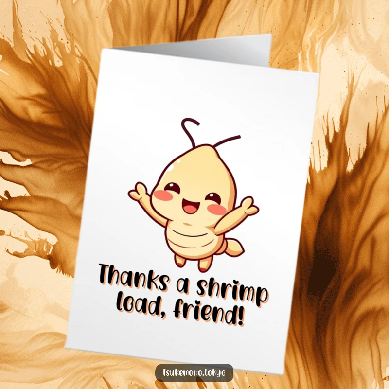 Funny Free Printable Thank You Card: A cute tempura shrimp character with a happy grin reaches.