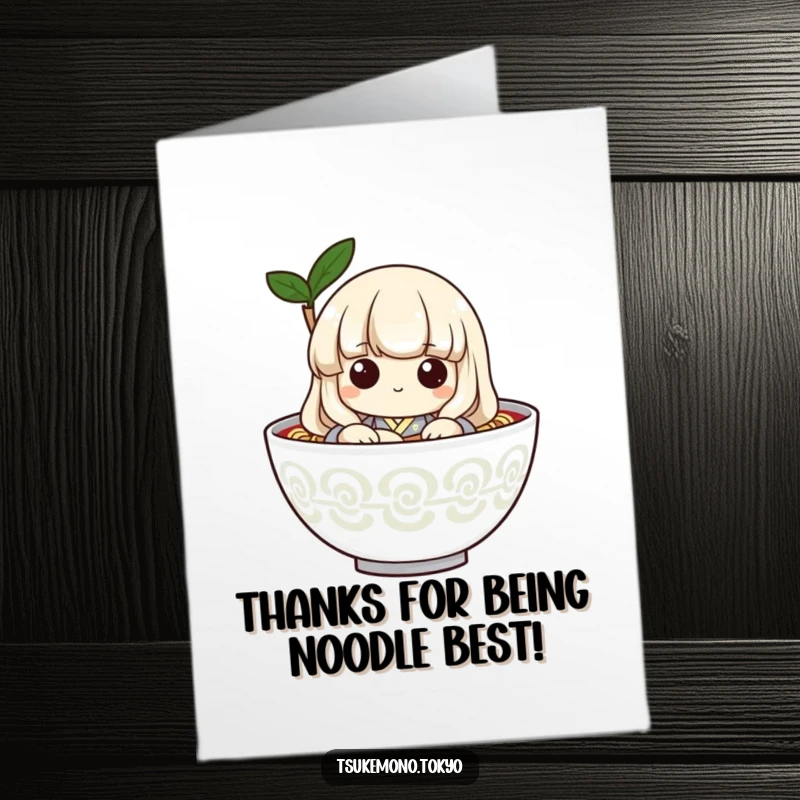 Funny Free Printable Thank You Card: Cute udon noodle character in a simple kimono peeking from a bowl, expressing thanks playfully.