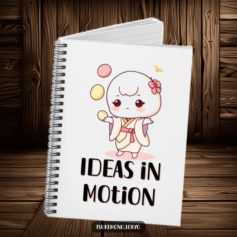 Funny notebook with a pastel kimono mochi character, juggling colorful dumplings, designed to inspire creative and humorous note-taking.