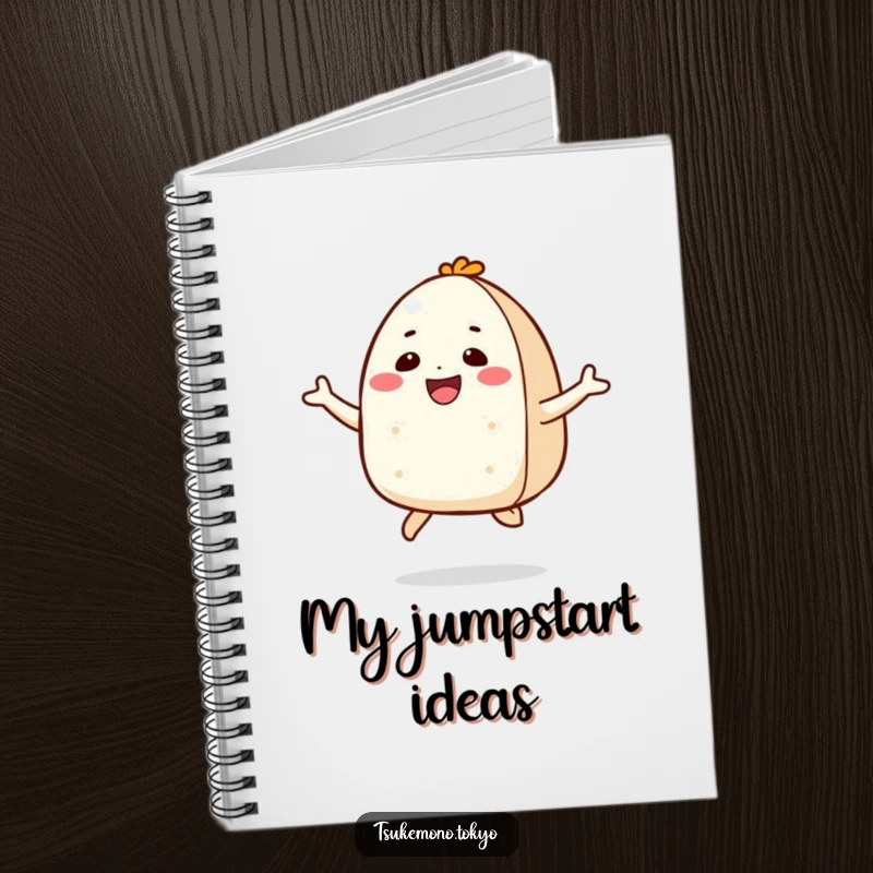Funny notebook with a smiling onigiri character in a joyful jump, perfect for notes and ideas with a happy theme.