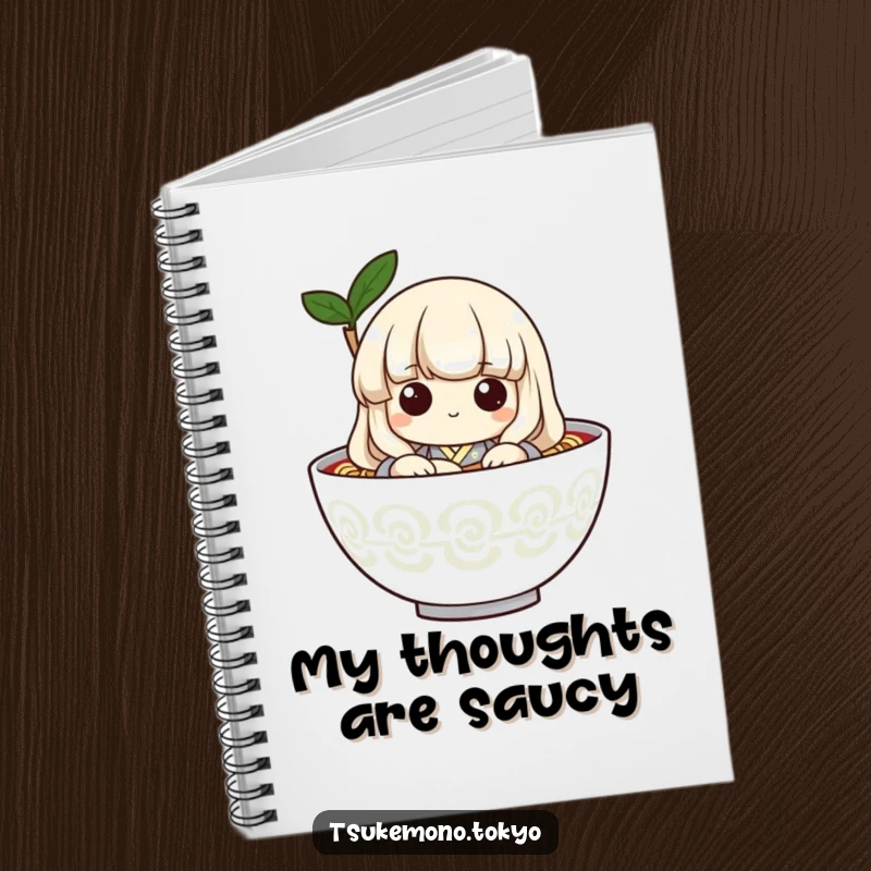 Funny notebook with a playful udon noodle character in a kimono, peeking from a bowl, designed for jotting down funny thoughts.