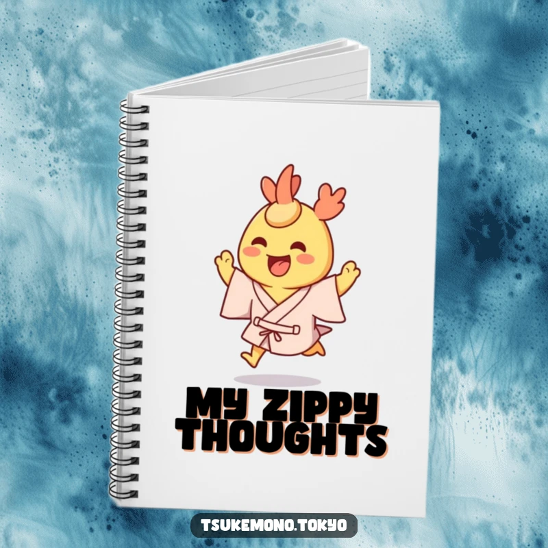 Funny notebook cover featuring a grinning tempura shrimp character in a yukata, hopping excitedly.