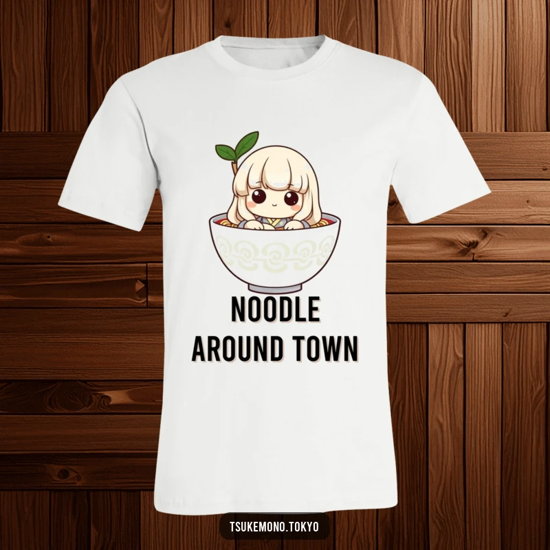 Funny t-shirt with a playful udon noodle character in a simple kimono, peeking curiously from a bowl of noodles with a cute expression.