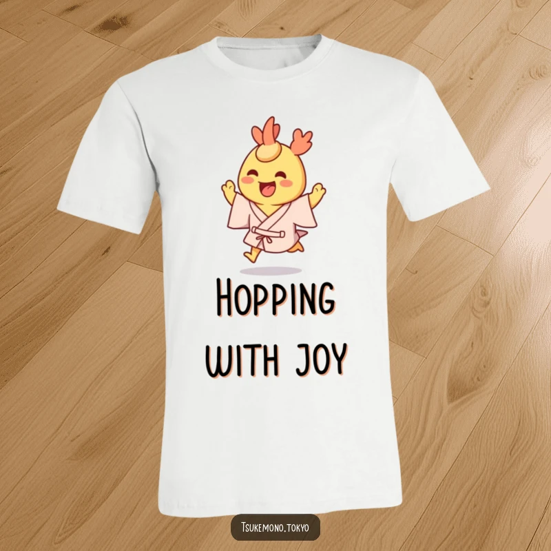 Funny t-shirt showcasing a grinning tempura shrimp character in a yukata, hopping excitedly.