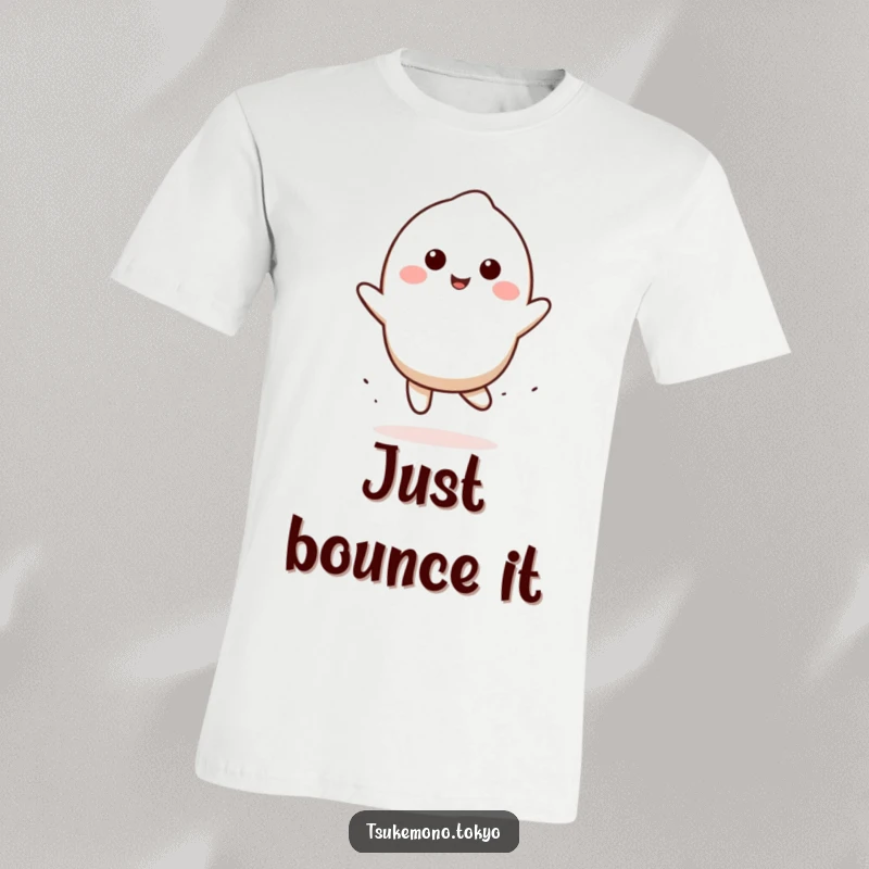 Funny mochi t-shirt with a smiling character doing a playful bounce, showcasing cuteness and a humorous spirit, a great funny gift.