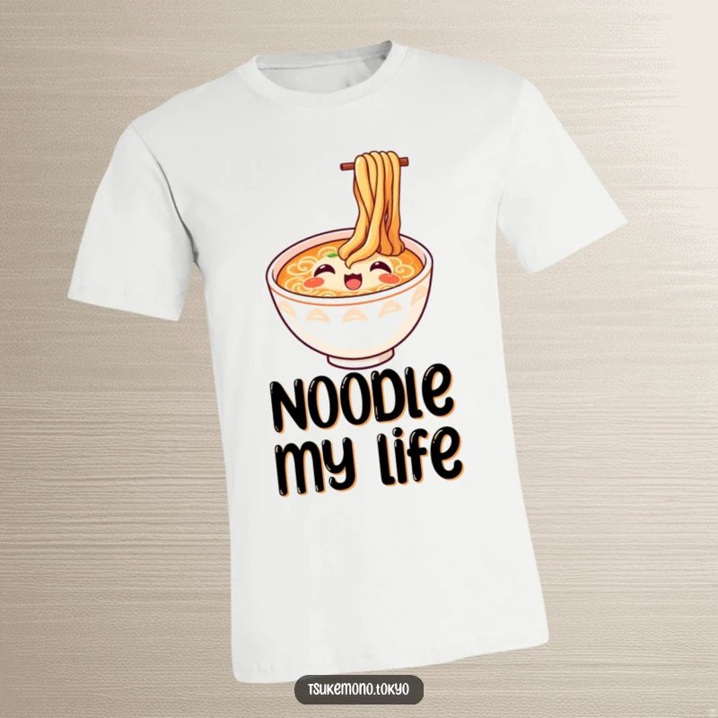 Funny ramen t-shirt featuring a happy ramen bowl with noodles looking up joyfully, a hilarious food-themed apparel and gift.