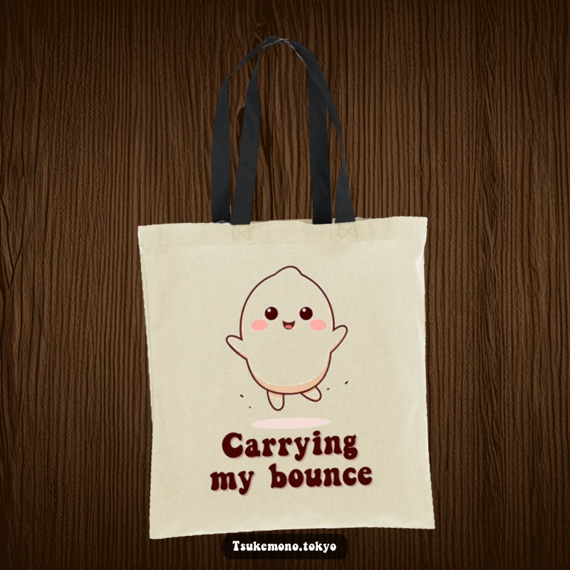 Funny mochi tote bag with a smiling character doing a playful bounce, perfect for shopping and as a cute funny gift.