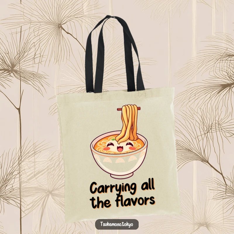 Funny ramen tote bag with a happy bowl and noodles looking up in delight, perfect for groceries and as a humorous gift.