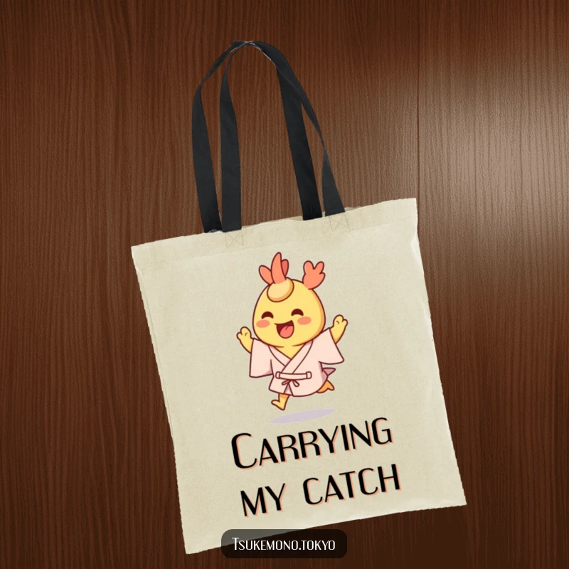 Funny tote bag with a grinning tempura shrimp character in a yukata, hopping excitedly.